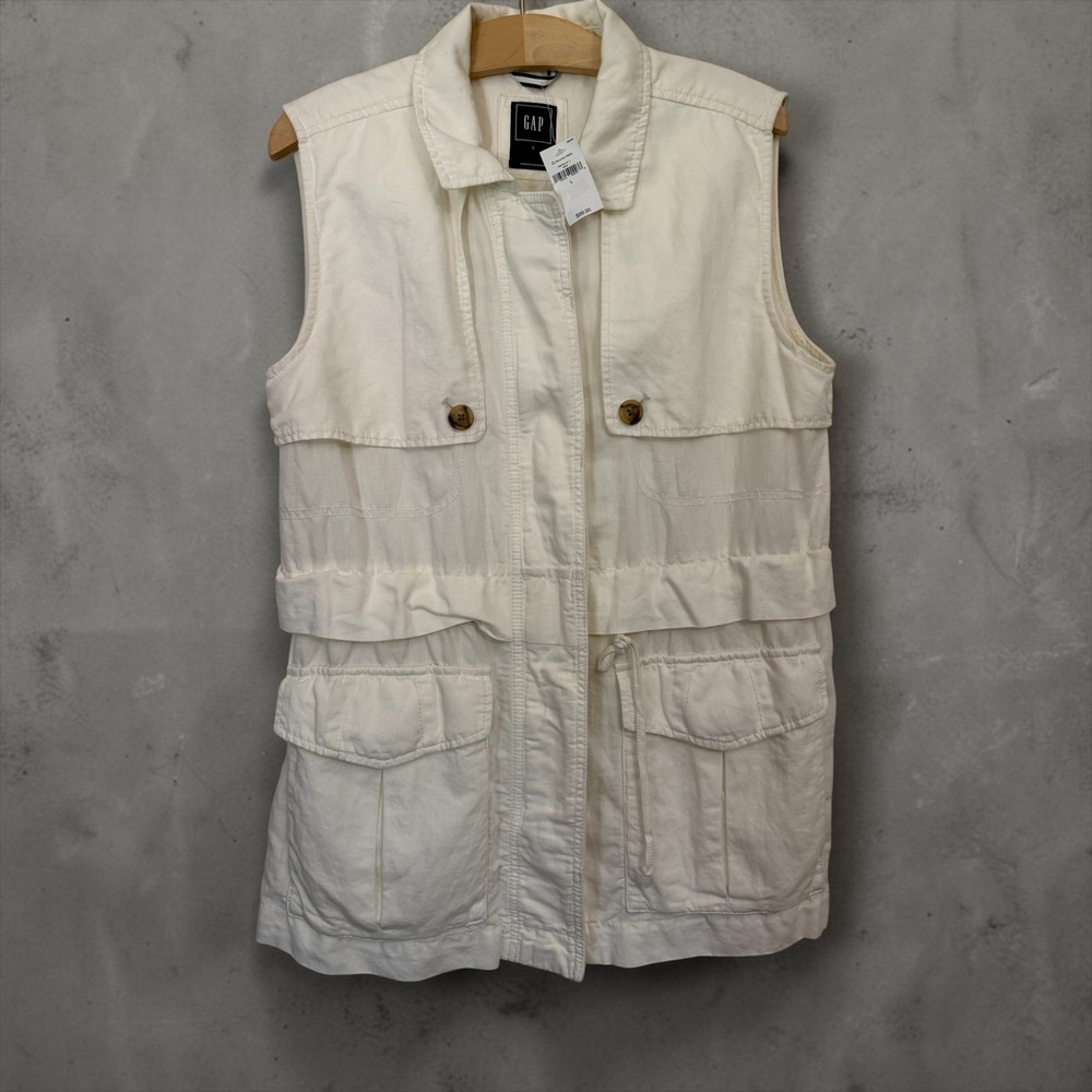 NWT Gap Off White Utility Trench Vest Cotton Linen Blend Large Cinch Waist   $89